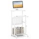Height adjustable mobile computer stand-up desk in white with wheels, bottom shelf, and ergonomic footrest for.