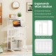 Height adjustable mobile computer stand-up desk in white with sturdy metal frame and bottom storage shelf for versatile.