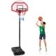 Height adjustable basketball hoop with a player shooting, featuring a fillable base and two high-quality nets for.
