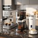 Conical burr grinder with 60 grind settings enhances coffee flavor, complementing the espresso machine and milk frother.