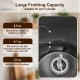 Detailed view of the milk frother's large frothing capacity, suitable for up to 3 people, with various milk levels.