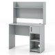 Gray home office desk with raised display shelf, two open shelves, and cable management for versatile workspace.