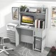 Home office desk in gray with raised display shelf, ample workspace, and adjustable storage for versatile use.