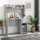 Home office desk in gray with raised display shelf, two open shelves, and modern design for versatile workspace.