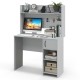 Home office desk in gray with raised display shelf, two open shelves, and ample workspace for organization and storage.