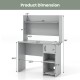 Home office desk in gray with raised display shelf and two open shelves, featuring dimensions for workspace.