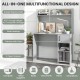 Home office desk in gray featuring a raised display shelf, wide desktop, and two open shelves for versatile storage.