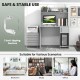 Home office desk in gray with raised display shelf, 2 open shelves, and anti-tipping devices for stability and safety.