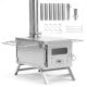 Portable wood burning stove in silver with 7 chimney pipes, designed for efficient heating and cooking in outdoor tents.