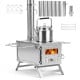Portable wood burning stove in silver with 7 chimney pipes, designed for efficient heating and cooking in hot tents.