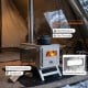 Portable wood burning stove made of heavy-duty stainless steel with heat-resistant glass, ideal for outdoor cooking and heating.