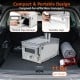 Portable wood burning stove with nested pipe storage and foldable legs, designed for effortless transport in outdoor settings.