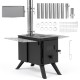 Hot tent stove with ash tray, 8.4 ft wood burning design, includes 8 chimney pipes and spark arrestor for outdoor use.