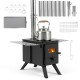 Hot tent stove with ash tray, 8.4 ft wood burning design, includes 8 chimney pipes and spark arrestor for camping use.
