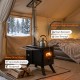 Hot tent stove with high borosilicate glass, heavy-duty metal, and adjustable chimney for efficient wood burning.
