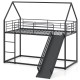 House-shaped black metal twin over twin low bunk bed with slide, safety guardrails, and 2-step ladder for kids' play.