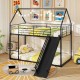 House-shaped black metal twin over twin low bunk bed with slide, safety guardrails, and ample clearance for kids' play.