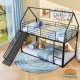 House-shaped black metal twin over twin low bunk bed featuring a slide, spacious lower bunk for play and storage.