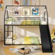 House-shaped black metal twin over twin low bunk bed with slide, safety guardrails, and playful design for kids' rooms.