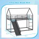 House-shaped black metal twin over twin low bunk bed with slide, safety guardrails, and 2-step ladder for kids' fun.