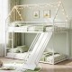 House-shaped metal twin over twin low bunk bed in white with slide, safety guardrails, and decorative design for kids.