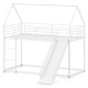 House-shaped metal twin over twin low bunk bed in white with slide, safety guardrails, and sturdy design for kids' play.