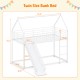House-shaped white metal twin over twin low bunk bed with slide, safety guardrails, and 250 lbs weight capacity.
