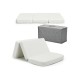 Compact tri-fold baby mattress with 40D memory foam, featuring a carrying bag for easy transport and storage solutions.