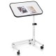 Rolling overbed bedside table with adjustable height, tiltable tabletop, and wheels for easy mobility and storage.