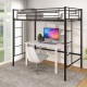 Twin loft bed frame in black with full-length guardrails and spacious under-bed study area, ideal for kids' rooms.