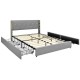 Upholstered full/queen bed frame in silver with tufted headboard and four rolling drawers for ample storage.