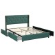 Upholstered green bed frame with tufted headboard and four storage drawers, designed for full/queen size mattresses.
