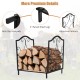 Heavy-duty steel firewood log rack with elegant patterns, raised legs, and anti-slip footpads for indoor and outdoor.