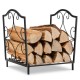 Heavy-duty steel firewood log rack with elegant patterns, raised legs for ventilation, perfect for indoor or outdoor.