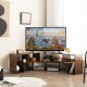 L-shaped and rectangular brown TV stand for TVs up to 65 inches, featuring spacious open shelves for storage.