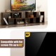 L-shaped and rectangular brown console TV stand for TVs up to 65", featuring 6 open compartments for storage.