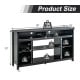 58-inch black TV stand with adjustable shelves, suitable for TVs up to 65 inches, featuring open compartments for.