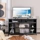 58-inch black TV stand with adjustable open shelves, suitable for TVs up to 65 inches, offering modern storage.