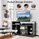 58-inch black TV stand with adjustable open shelves, spacious cabinet top, and modern design for organized.