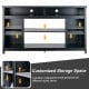 58-inch black TV stand with adjustable open shelves, designed for TVs up to 65 inches, perfect for organized storage.