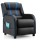 Kids recliner chair in black and blue with adjustable backrest, footrest, and side pockets for storage. Ideal for.