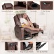 Brown 360-degree swivel massage recliner chair with remote, featuring cup holders, side pockets, and overstuffed.