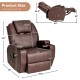 Brown massage recliner chair with dimensions labeled, featuring 8 massage points, 360-degree swivel, and lumbar heating.