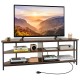 Rustic brown 3-tier corner TV stand showcasing its spacious open compartments and built-in charging station for.
