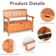 Wooden storage bench with a flip-top lid, curved armrest, and natural teak color for patio or garden use.