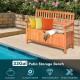 33 Gallon wooden storage bench with a flip-top lid, natural teak color, perfect for patio seating and storage.