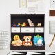 Freestanding brown cubby storage organizer with three baskets and open shelves for toys, books, and accessories.