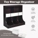 Freestanding brown toy storage organizer with three baskets, two open shelves, and durable, eco-friendly materials.