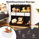 Freestanding brown cubby storage organizer with three baskets and two open shelves for toys, books, and snacks.