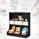 Freestanding brown cubby bin storage organizer with three baskets and two open shelves for children's toys and books.